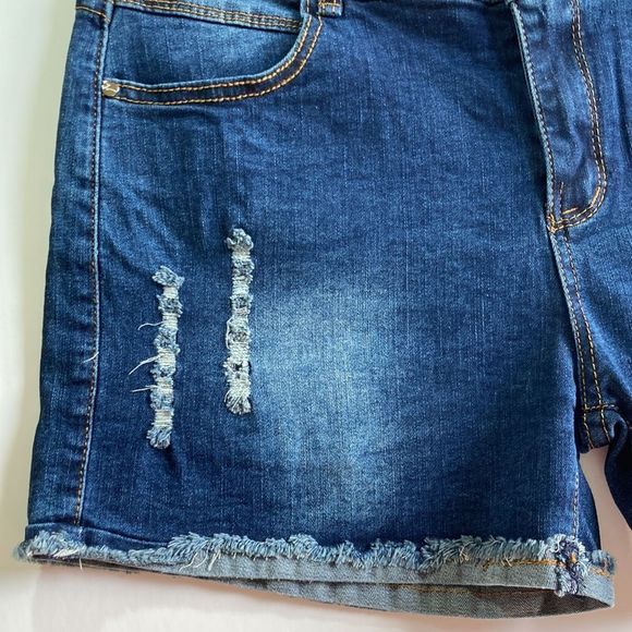NWT Distressed Deep Blue Cutoff Denim Two Button High Waist Shorts - Picture 4 of 16